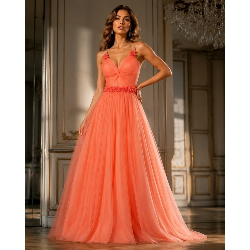 orange tulle couture dress A-Line V-Neck Orange Long Prom Dress With Lace Appliques PSK350 Custom Size / Custom Color